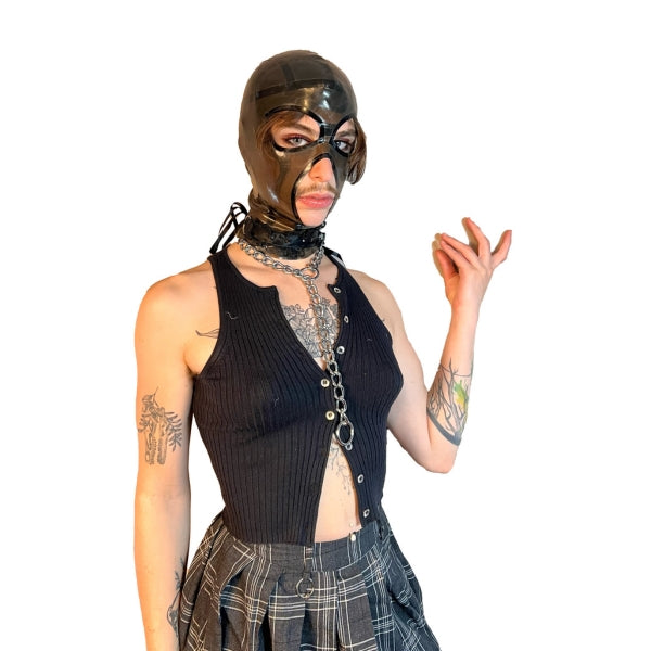 A model wearing translucent grey open mouth and eye basic latex hood, front view.