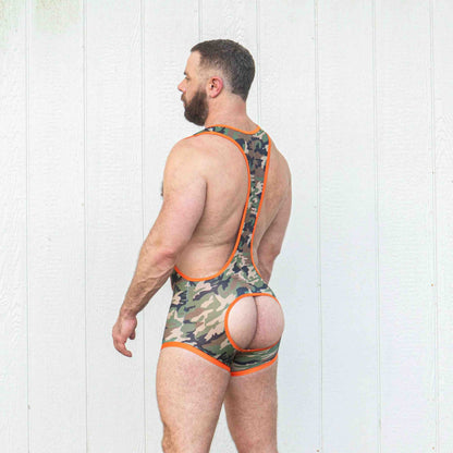 A model wearing the Combat Assless Mesh Singlet, side and rear view.