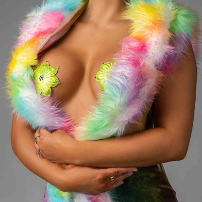 A model wearing the green pasties under a pastel multi colored marabou feather boa.