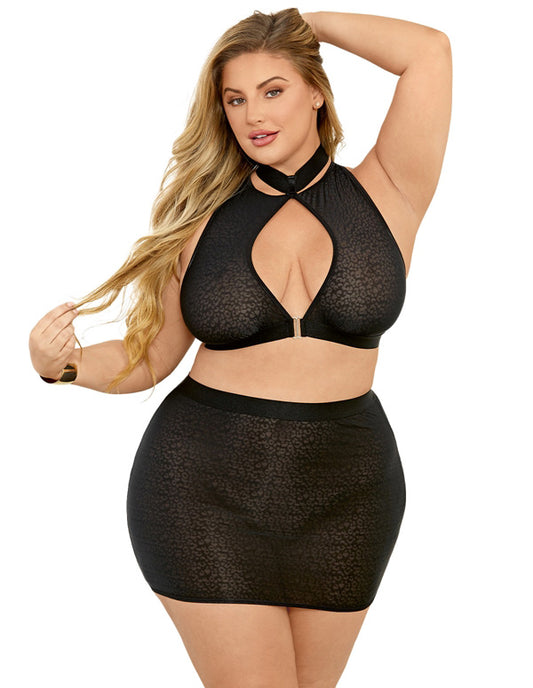 A plus size model wearing the Hi Neck Mesh Top & Skirt Set, front view.