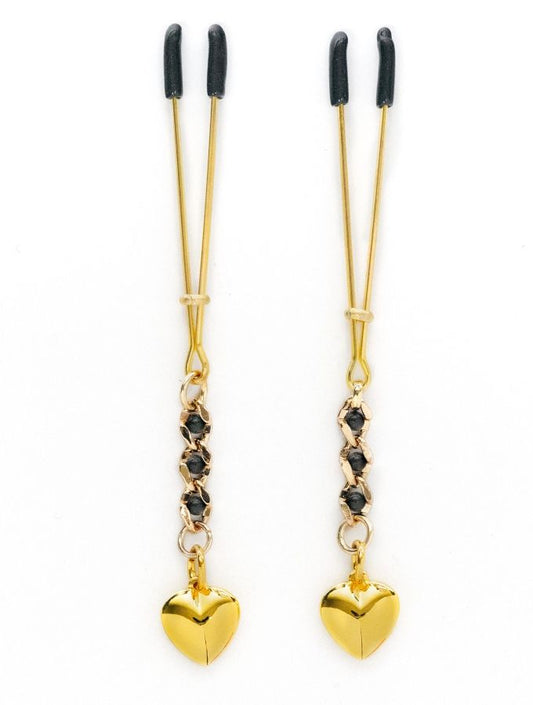 The Gold Tweezer Nipple Clamps with Heart Pendant.