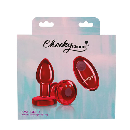 The packaging for the small red Cheeky Charms Vibrating Metal Plug with Remote.