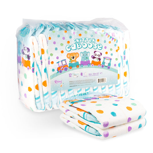 A Two folded diapers in front of a pack of Critter Caboose Rearz Disposables Diapers.