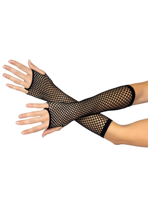 A model's arms and hands wearing the black Fingerless Fishnet Gloves.