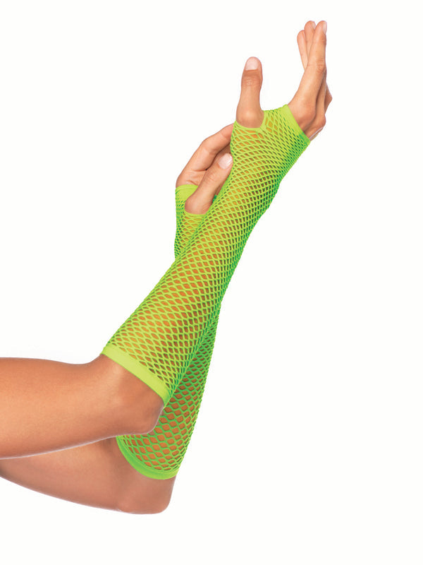 A model's arms and hands wearing the neon green Fingerless Fishnet Gloves.