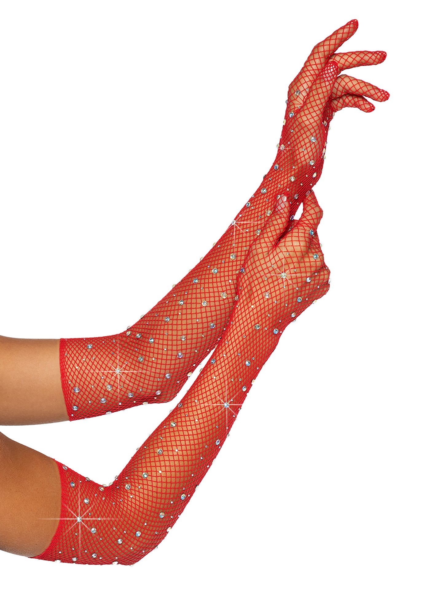 A model's arms and hands wearing the red Fishnet Opera Gloves with Rhinestones.