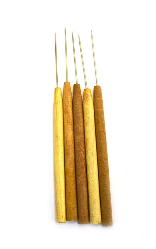 Photo of five microbranding needles with hardwood handles (tems may vary from photo due to handmade nature)