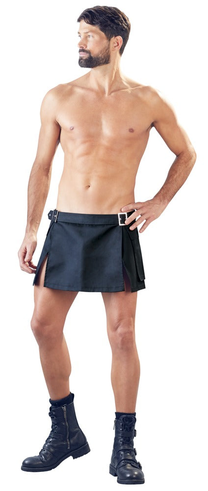 Model wearing the Sven Mini Kilt with black boots, front view.