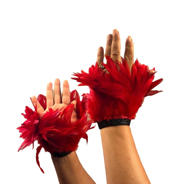 Front and back view of the Red latex feather cuff on a model's hands.