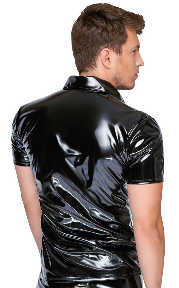 Model wearing the PVC Collar Shirt with Snaps, rear view.