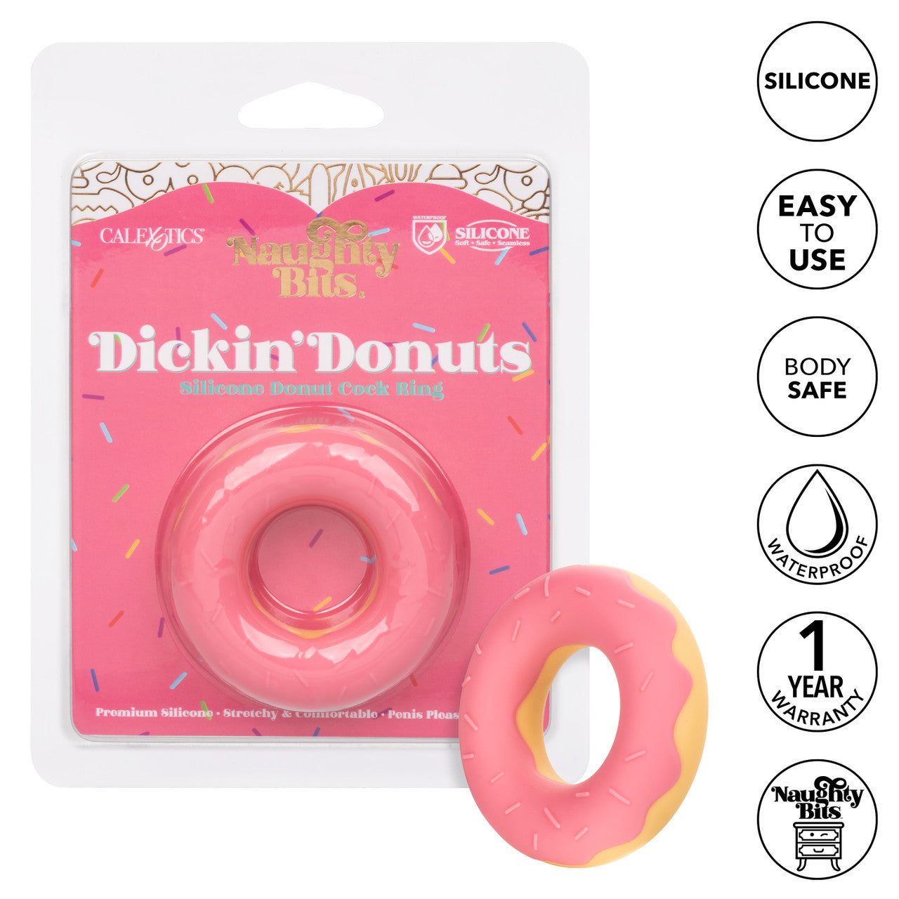 The Dickin Donuts Silicone Cock Ring next to its packaging.