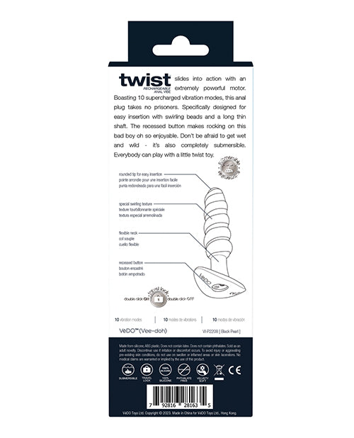 The back of the packaging for the Vedo Twist Vibrating Plug.