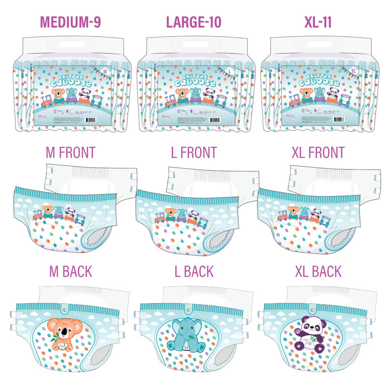 An illustration of the different sizes of the Critter Caboose Rearz Disposables Diapers. 