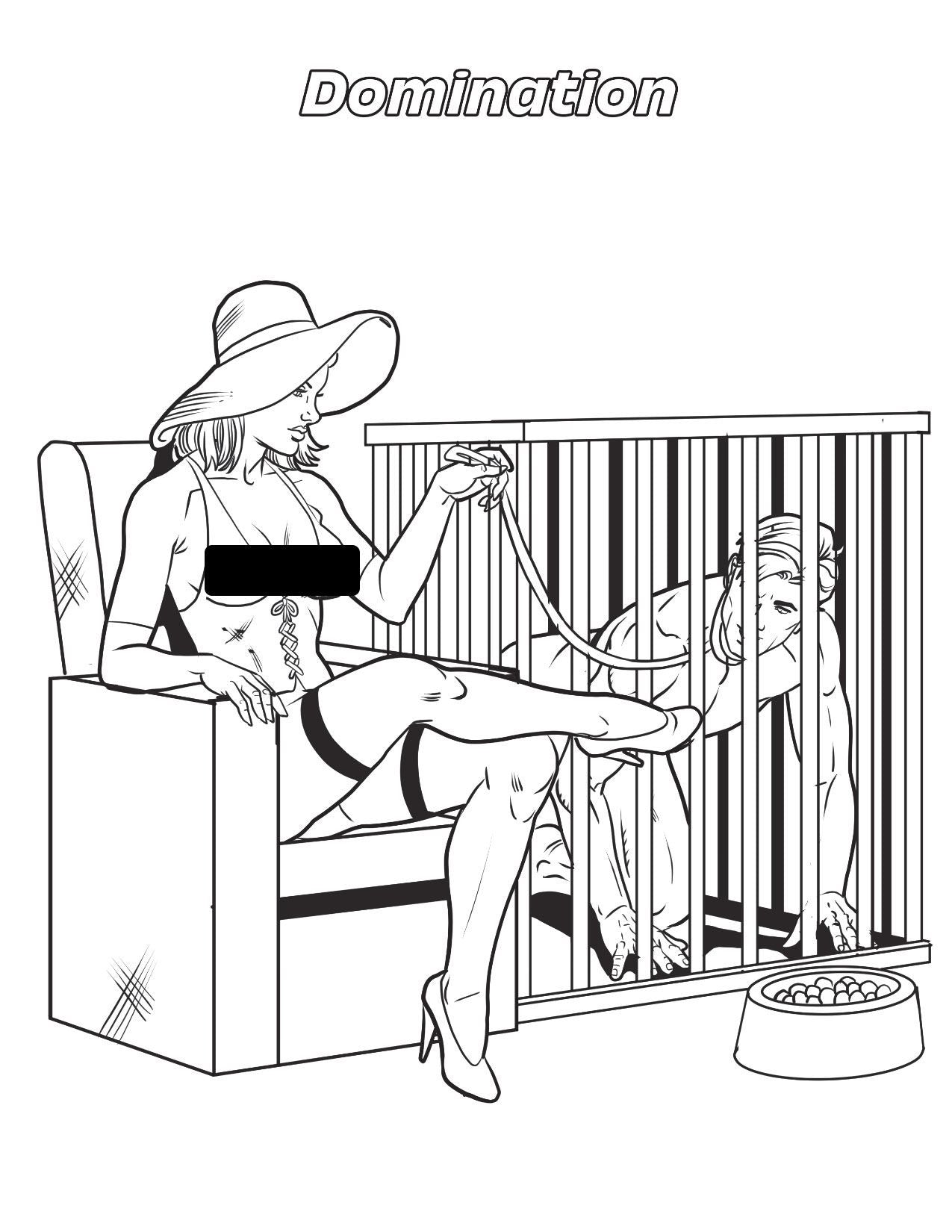 A page titled Domination with a woman in lingerie sitting in a chair holding a leash next to a dog cage with a slave in it kneeling before a bowl of dog food.