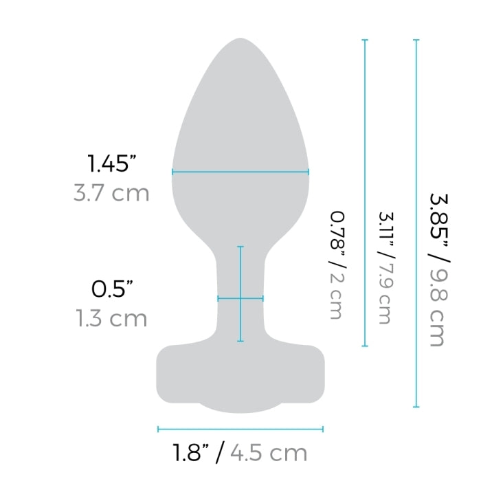 The size dimensions for the The pink Vibrating Heart Jewel Plug.