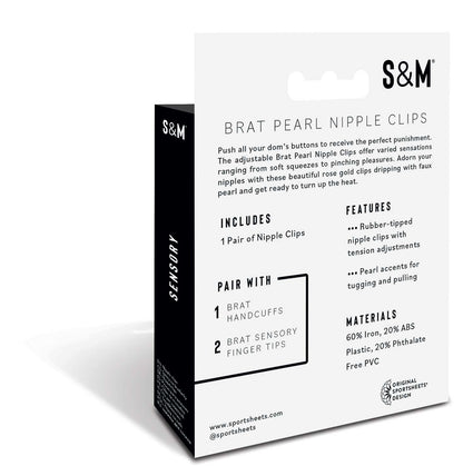 The back of the packaging for the Brat Pearl Nipple Clamps.