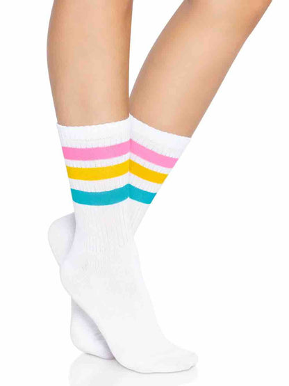 The Pansexual Pride Flag Crew Socks on a model, side view.