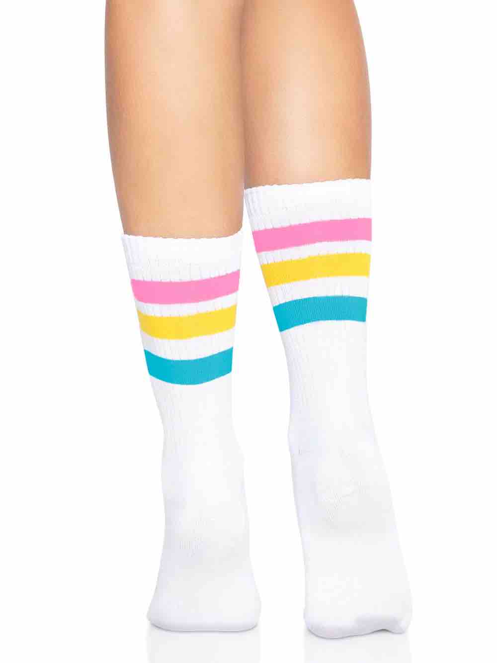 The Pansexual Pride Flag Crew Socks on a model, rear view.