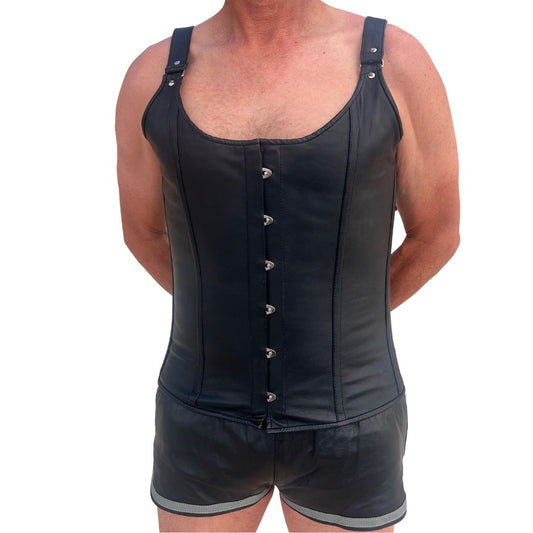 Model wearing black leather Tank Top Corset Vest with Prowler leather shorts