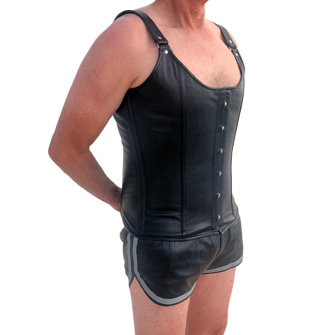 Model facing right wearing black leather Tank Top Corset Vest