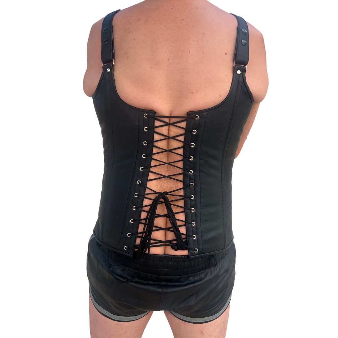 Back corset lacing of black leather Tank Top Corset Vest on model