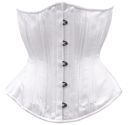 The White Satin Mid-Length Underbust Corset - Hourglass, front view.