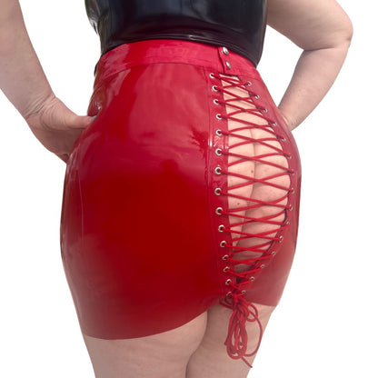 left/back of red Latex Open Laced Back Mini Skirt