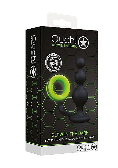The front of the packaging for the Glow Beads Butt Plug with Cock Ring.