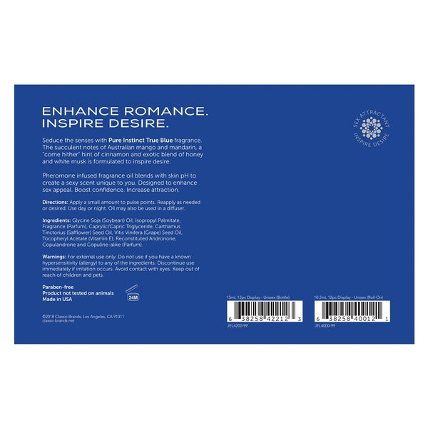 The back of the label of a bottle of Pure Instinct True Blue Pheromones.