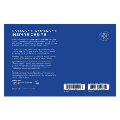 The back of the label of a bottle of Pure Instinct True Blue Pheromones.