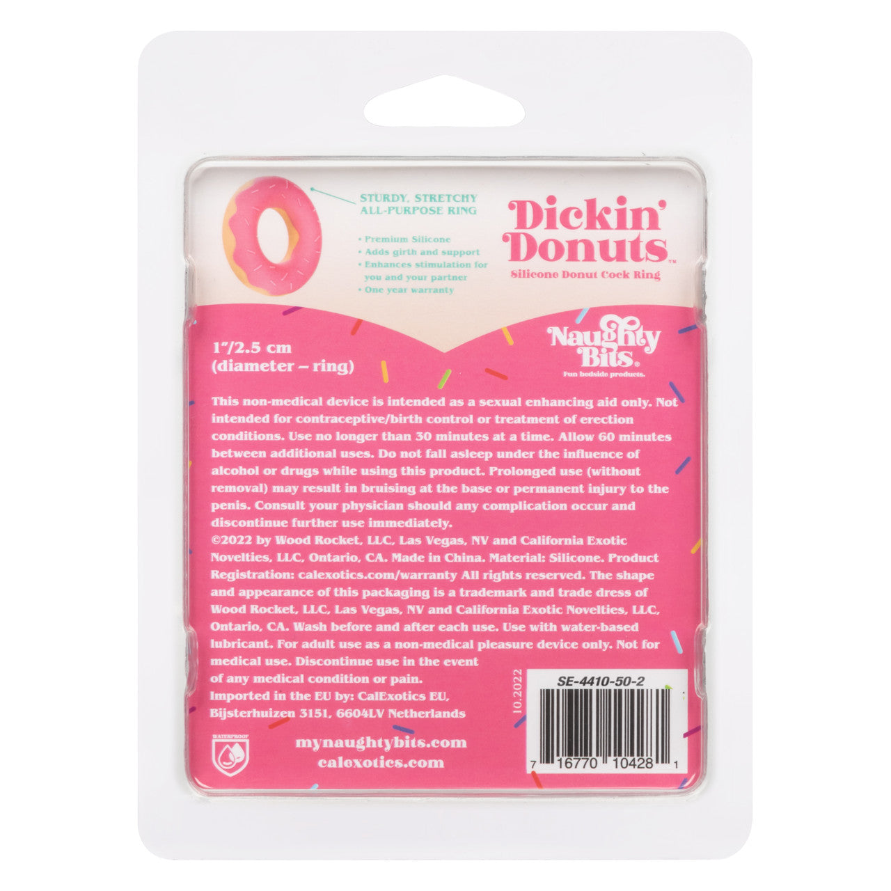 The back of the packaging for the Dickin Donuts Silicone Cock Ring.