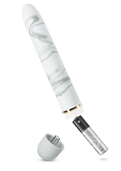 The Swept Away White Collection Slim Vibe with its bottom unscrewed and a double A battery coming out of it.