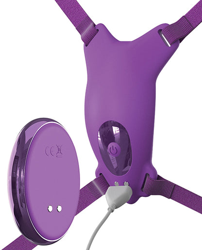 A close up of the Butterfly vibrator with charging cable attached, and its remote.