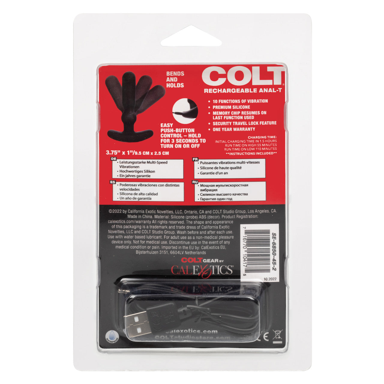 The back of the packaging for the Colt Rechargeable Anal-T Prostate Massager.