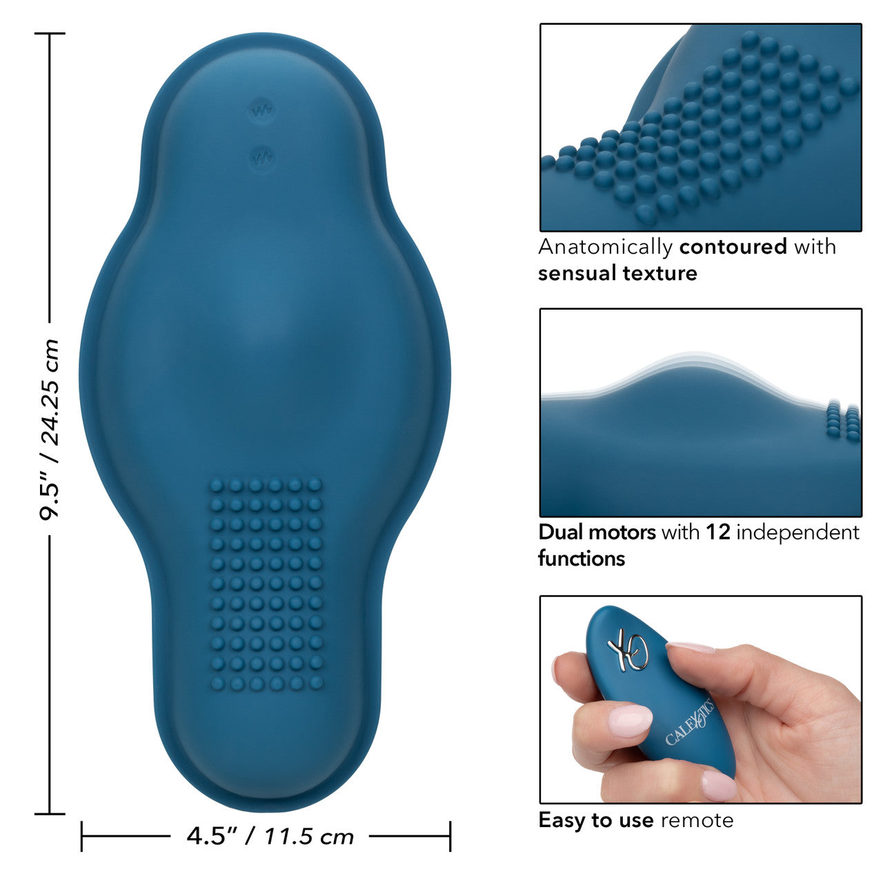 An illustration showing the size dimensions and functions of the Dual Rider Remote Control Bump and Grind.