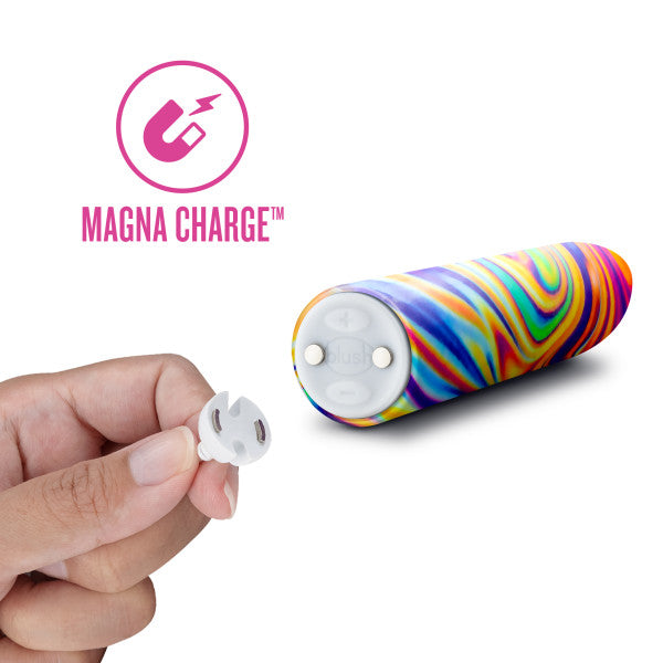 A graphic of the Psyche Rainbow Vibe and a hand holding the magnetic charger that goes with the Limited Addiction Power Vibe.