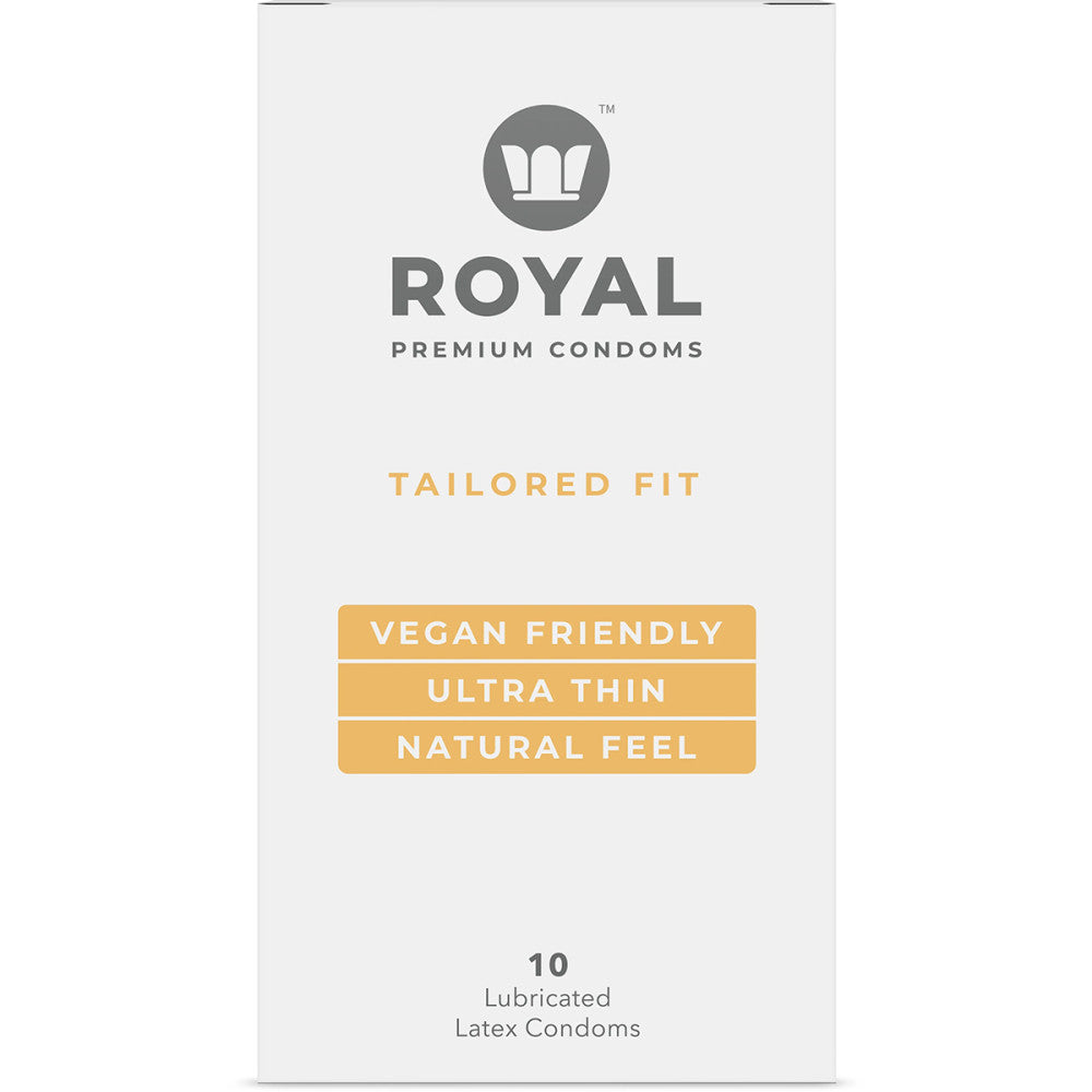 A box of 10 tailored fit Royal Condoms.
