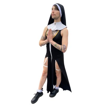 model facing left front with hands in prayer pose wearing 3pc. Sultry Sinner Non Costume