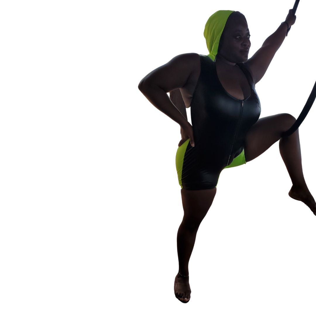 Left/front of model wearing Primal Instinct Hooded Singlet with leg through hoop