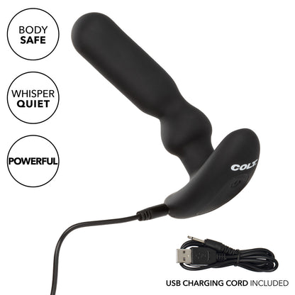 An illustration showing some of the features and how the Colt Rechargeable Anal-T Prostate Massager plugs in to recharge.
