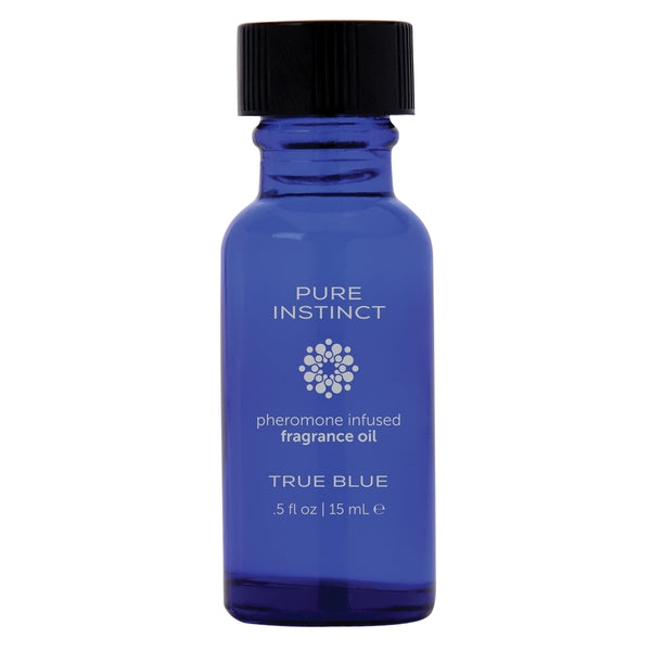 A 5 ounce bottle of Pure Instinct True Blue Pheromones with its top on.