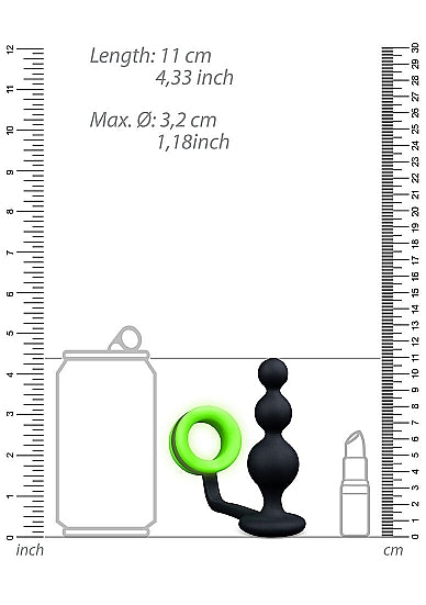 An illustration showing the size of the Glow Beads Butt Plug with Cock Ring.