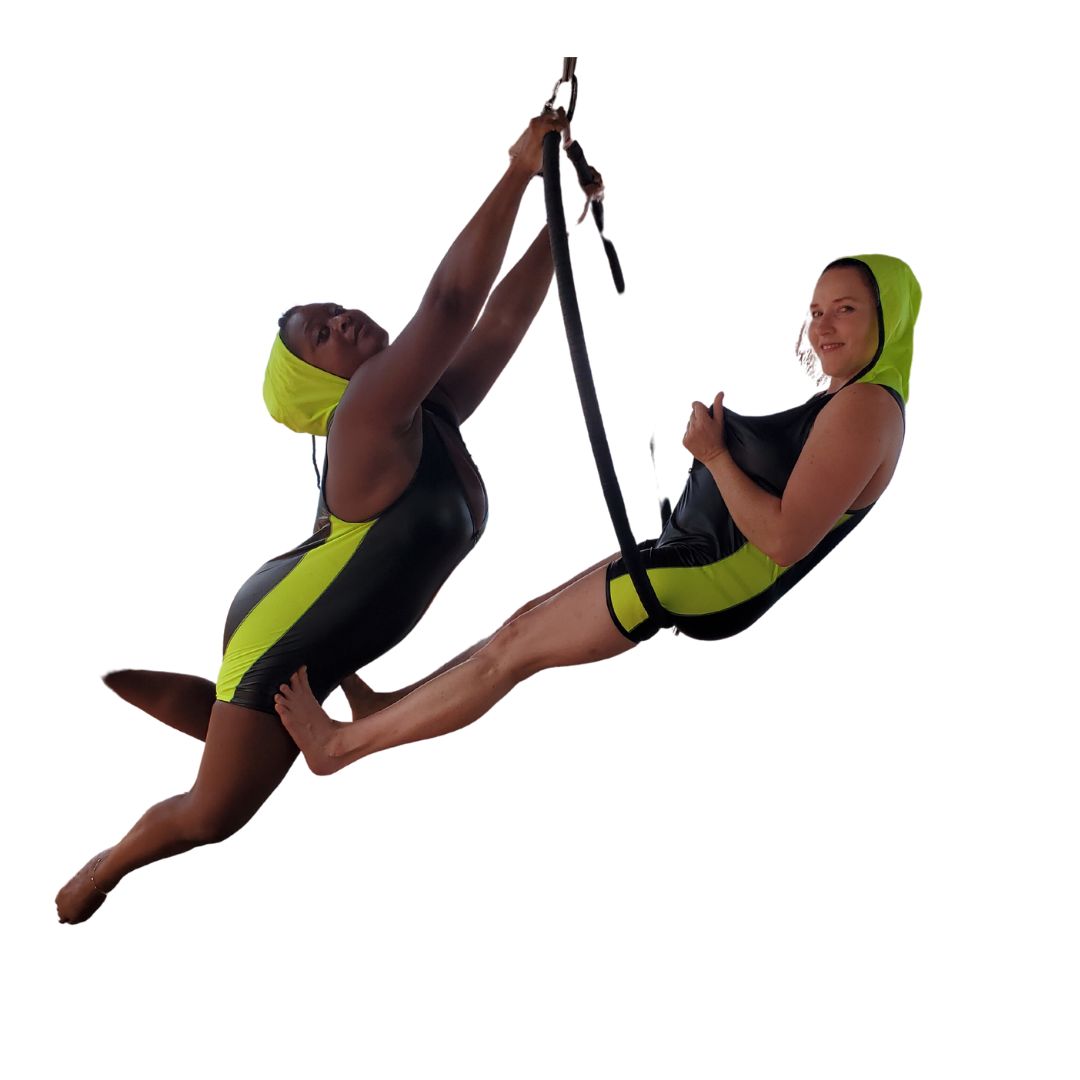 2 models both wearing Primal Instinct Hooded singlet , one sitting in hoop other holding on to top of hoop