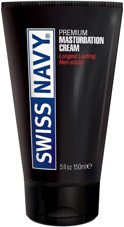 A 5 ounce tube of Swiss Navy Masturbation Cream, front view.
