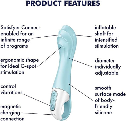An illustration of the product features for the Satisfyer Air Pump Vibrator 5+.