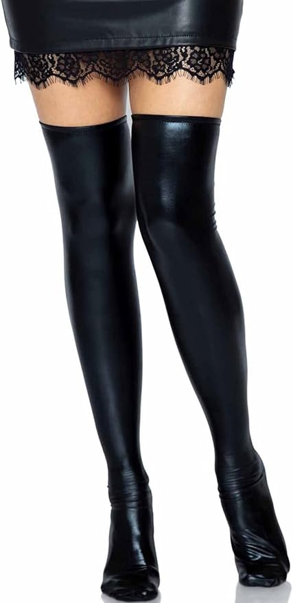A model wearing the Wetlook Thigh Highs with wetlook skirt, front view.