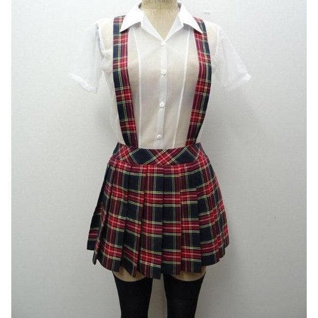 The black & red plaid school jumper & sheer blouse set on a mannequin.