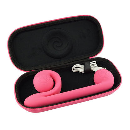 The pink Snail Vibe in its carrying case with its charging cable.
