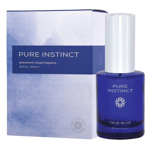 An 85 ounce bottle of Pure Instinct True Blue Pheromones next to its packaging.