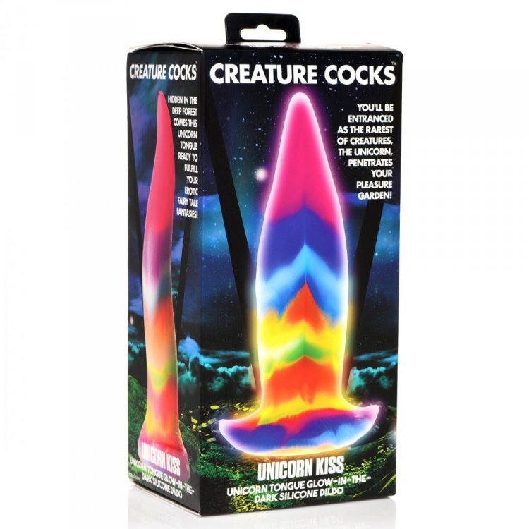 The packaging for the rainbow Creature Cocks Unicorn Kiss Dildo.